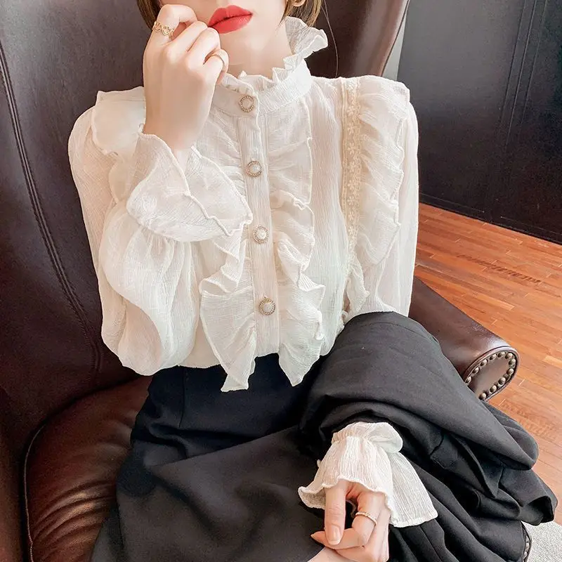 Elegant Solid Color Lace Ruffles Chiffon Shirt Women\'s Clothing 2023 Spring New Loose Korean Tops Flare Sleeve Sweet Blouse