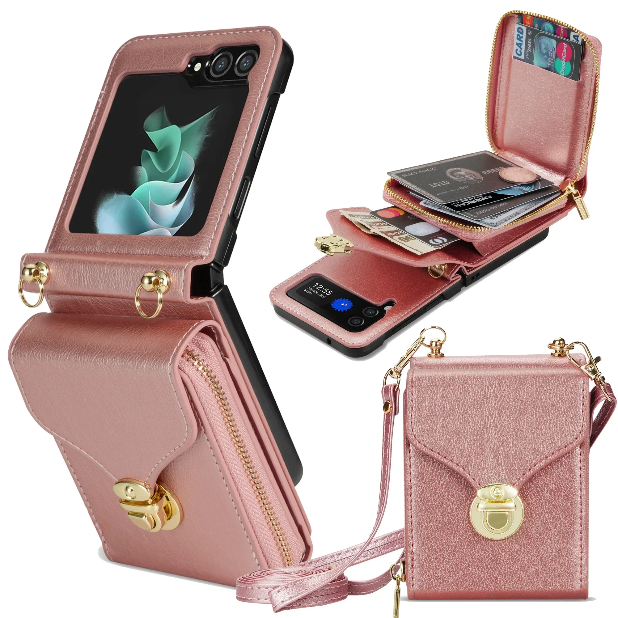 

Чехол-кошелек с длинным ремешком на молнии для Samsung Galaxy Z Flip 7 6 5 4 3 5G Flip6 Flip7 Кожаный держатель через плечо Кошелек Сумка Чехол