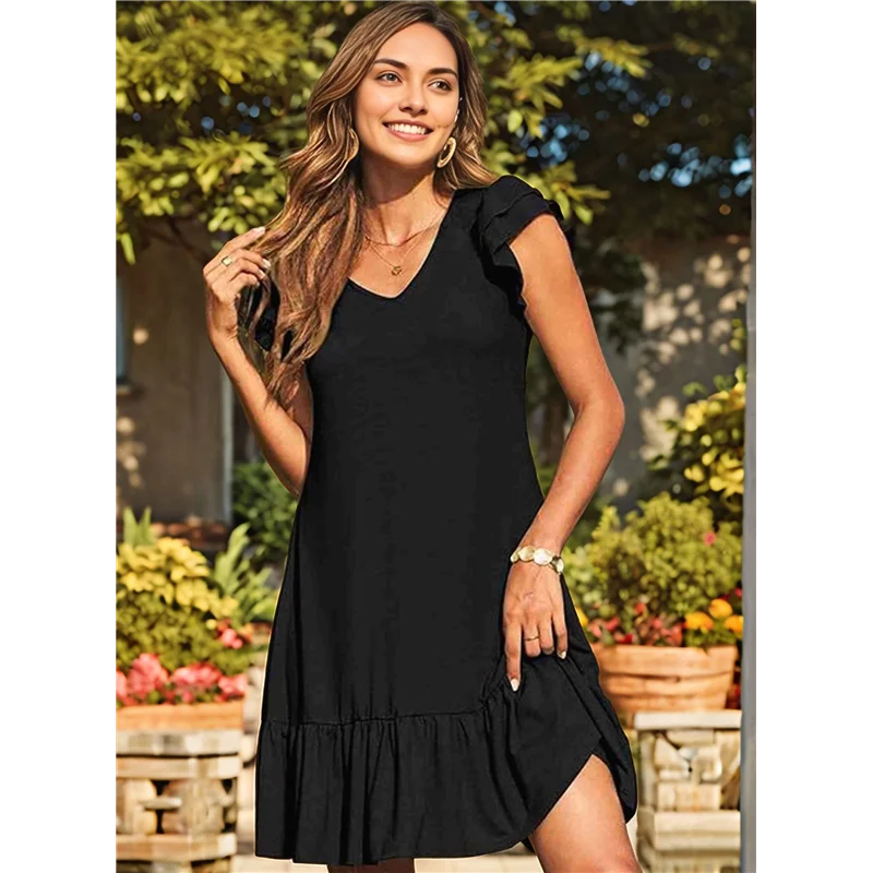 NUOVI abiti estivi da donna con volant manica corta smock scollo a V casual allentato a-line altalena mini abito prendisole