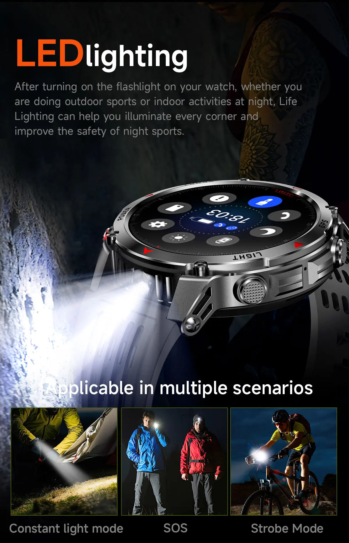 VWAR Tactical Smart Watch Built-in GPS LED Flashlight Compass Altimeter Barometric Sport Smartwatch Men Bluetooth Call Wacthes