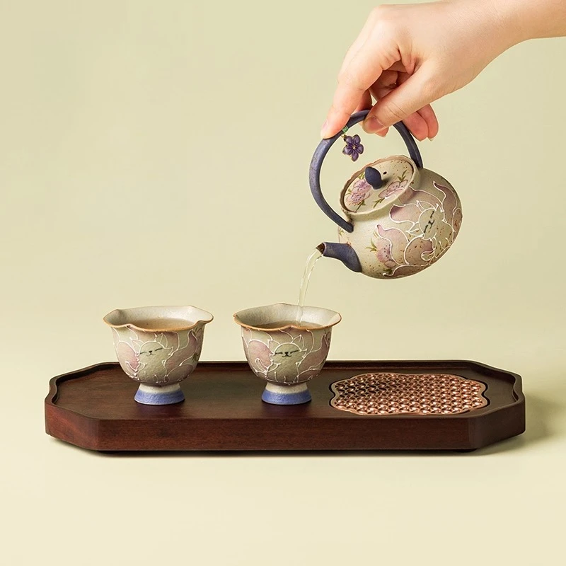 

Kung Fu Tea Set Pure Hand Painted Nine-tailed Fairy Fox Ceramic Teapot Teacup with Tea Tray New Chinese Style