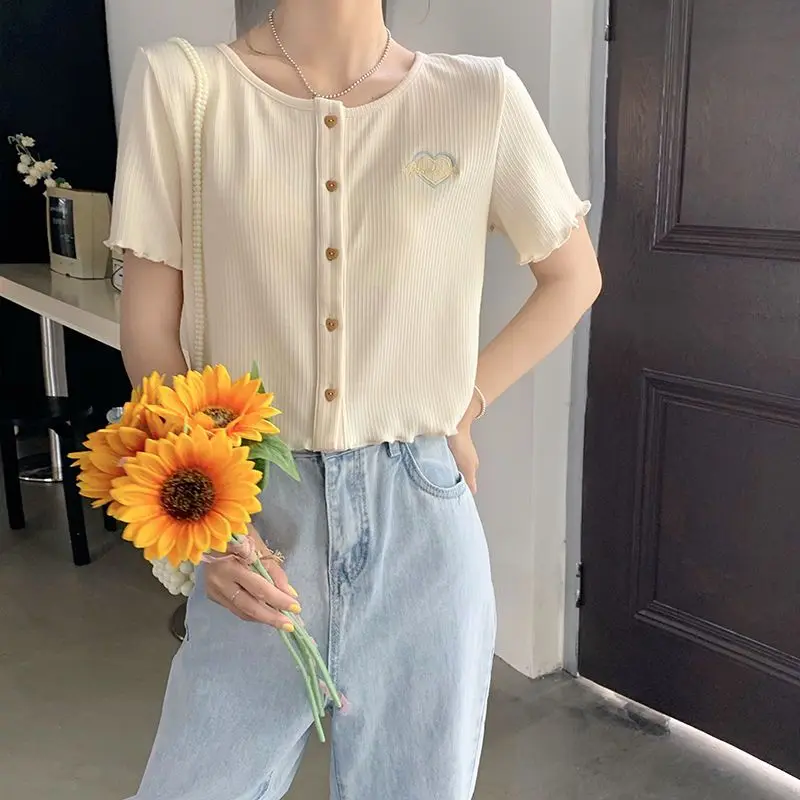 Women Summer Korean Slim Fashion Embroidered O-neck Short Sleeve All-match T-Shirt Women Clothes Casual Appear Thin Trend Tops