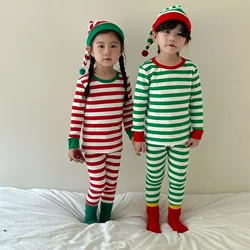 Children Clothing Striped Pajamas Pants and Hat Suit 2024 Autumn Winter New Boys Girls Cotton Homewear Christmas Three Piece Set