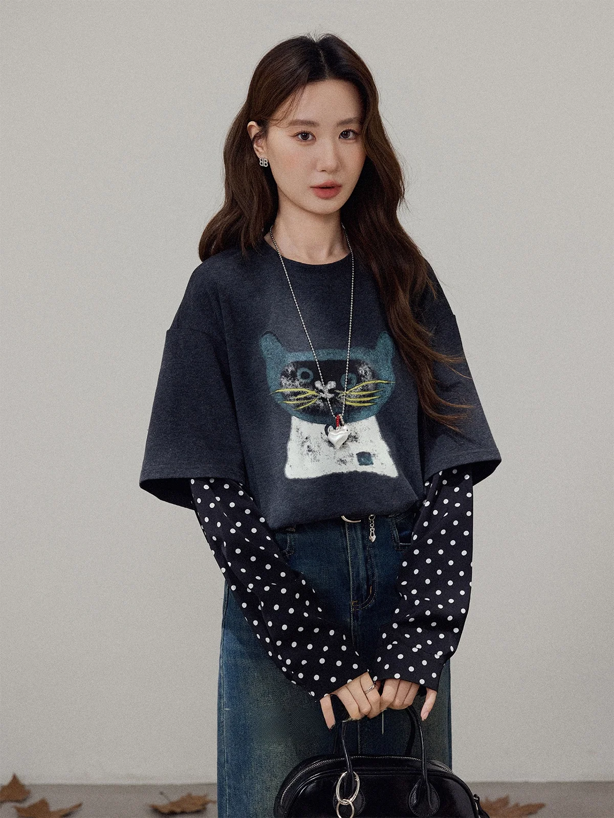 

Loose Long Sve round Ne T-irt Women's Cartoon Print Outerwear Polka Dot Spring New Sle ey Single Wear Casual Top