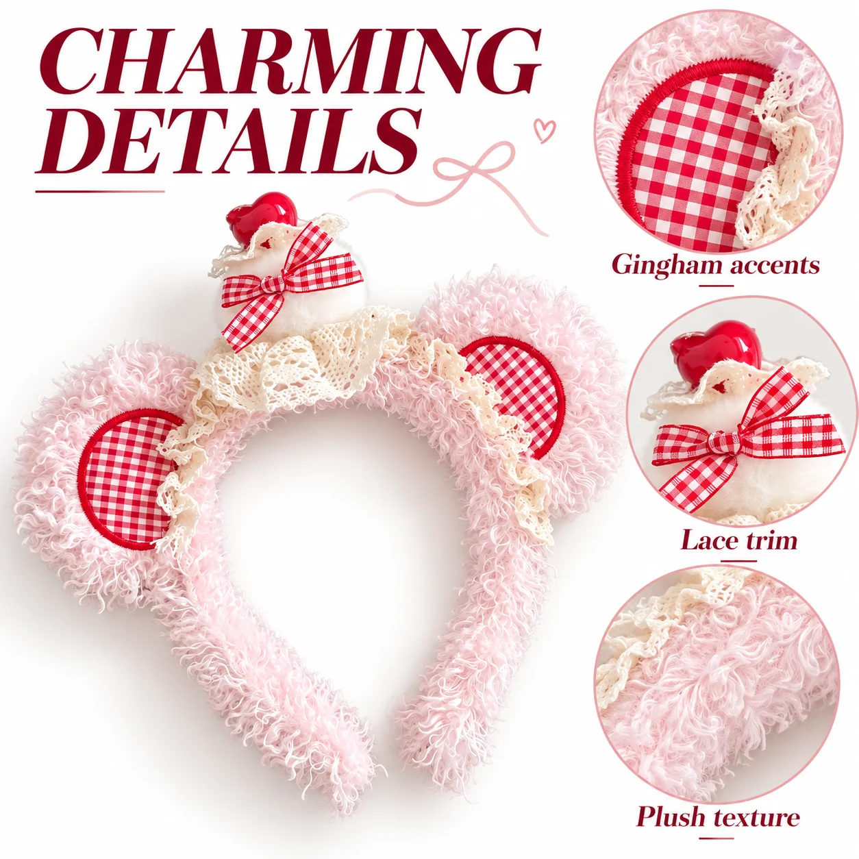 Cute Plush Bear Ear Headband with Gingham Bow, Lace Trim and Mini Cake Decoration for Women, Party Photo Hair Accessory