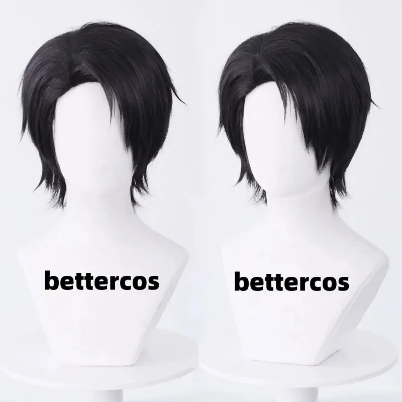 유타 오코츠 코스프레 가발 애니메이션 오코츠 유타 블랙 짧은 가발 내열성 합성 머리 할로윈 가발 + 가발 모자