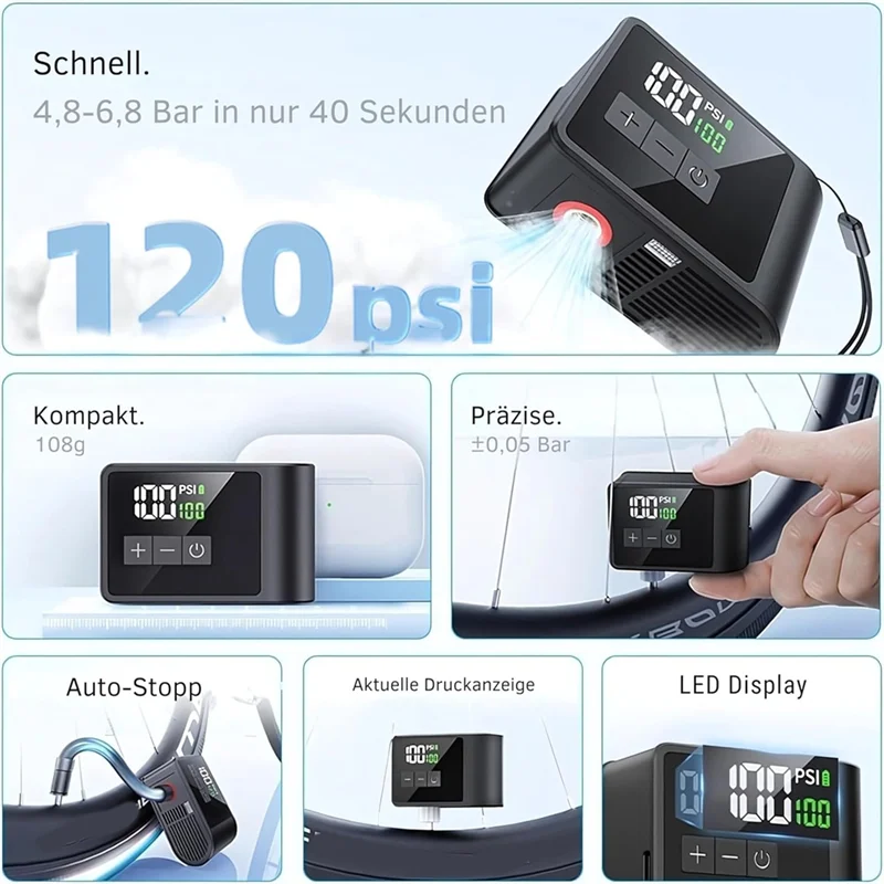 

LED Light Mini Electric Bike Pump,120 PSI,Charge Auto Shut-Off,Integrated Pressure Gauge For Road Bikes