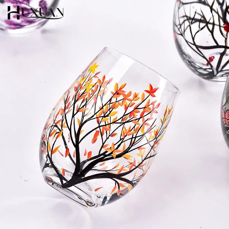 1PC Four Seasons Trees Wine Glasses Goblet Creative Printed Round Glass Cup For Wine Beer Cocktail Large Capacity Glass Cup Gift