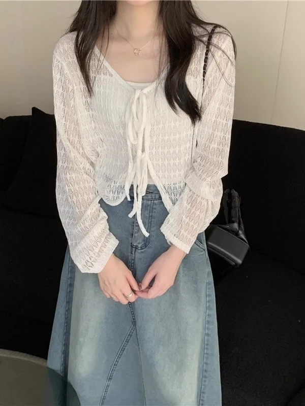 Top d'été pour femme, design tendance, en dentelle anti-UV, manches longues, col en V, style coréen, cardigan ouvert en gaze, ...