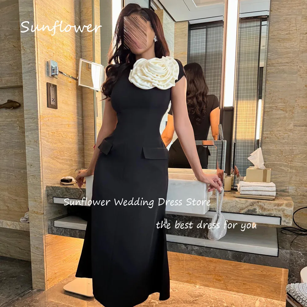 Sunflower Simple Black 3D Flowers O-Neck Mermaid Prom dress 2024 Slim Crepe Ocassion Gown Tea-Length Formal Evening Dress