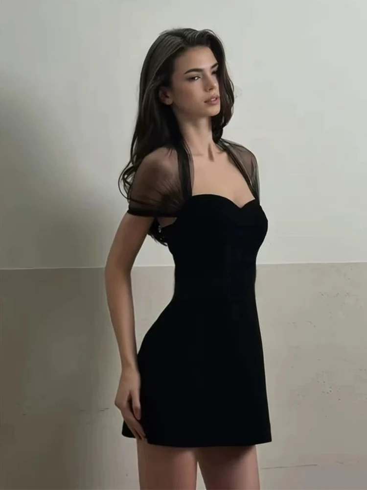 

XZY Sexy Me Splice A-Line короткое платье для женщин больших размеров с завышенной талией, облегающее, весна 2026, из полиэфирного волокна, с коротким рукавом