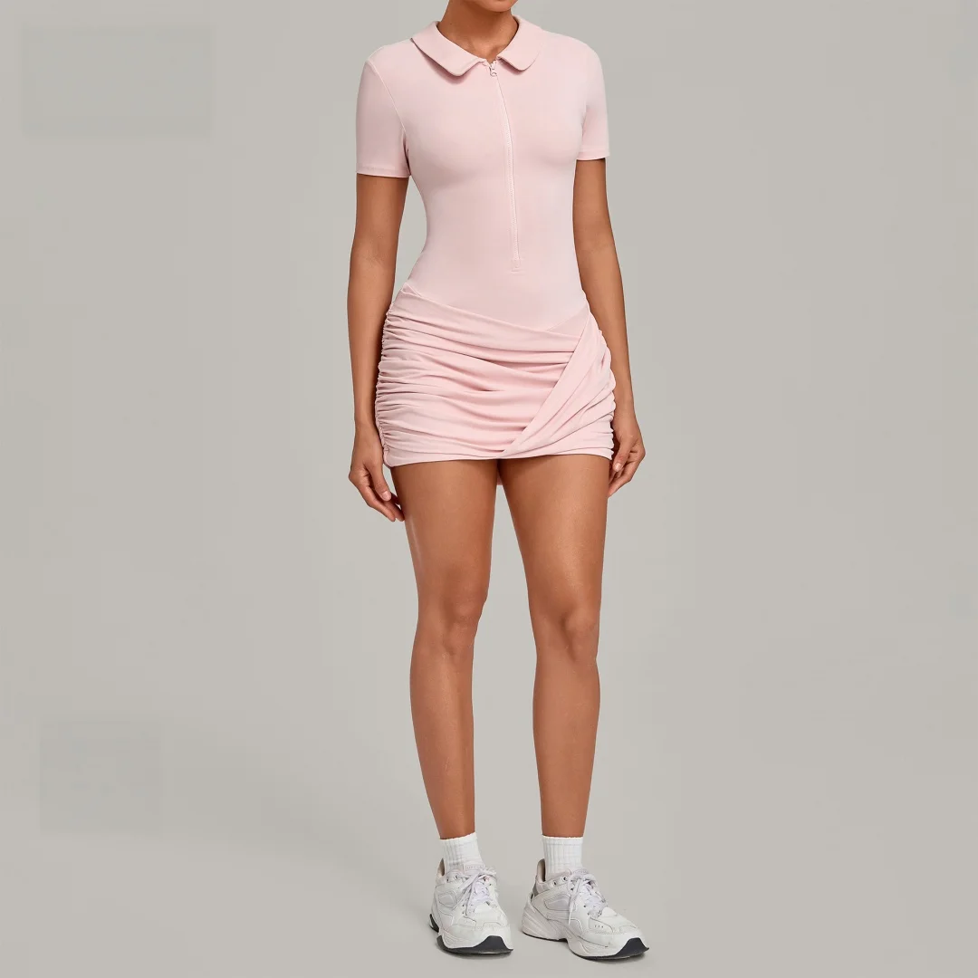 Tennis Skirt Tight Lapel Zipper Pleated Belt Safety Shorts One-piece Running Golf Badminton Fitness Workout Gym Yoga Suit