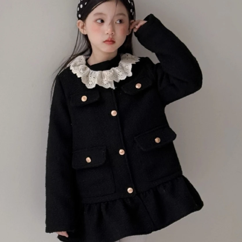 

Girls Coat 2025 Autumn and Winter New Childrens Clothing Girls Baby Fashion Sweet French Cotton Doll Collar Woolen Coat