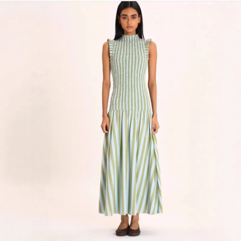 

new Elegant Striped Print Slim Sleeveless Dress Spring O Neck High Waist Spliced Dress Woman Casual Pleated A-Line Dress Robe