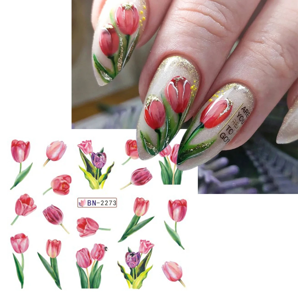 Tulipas flores água decalques de unhas folha transferência adesivos de unhas primavera verão decoração snowdrops marcas d'água slider LEBBN2269-2280