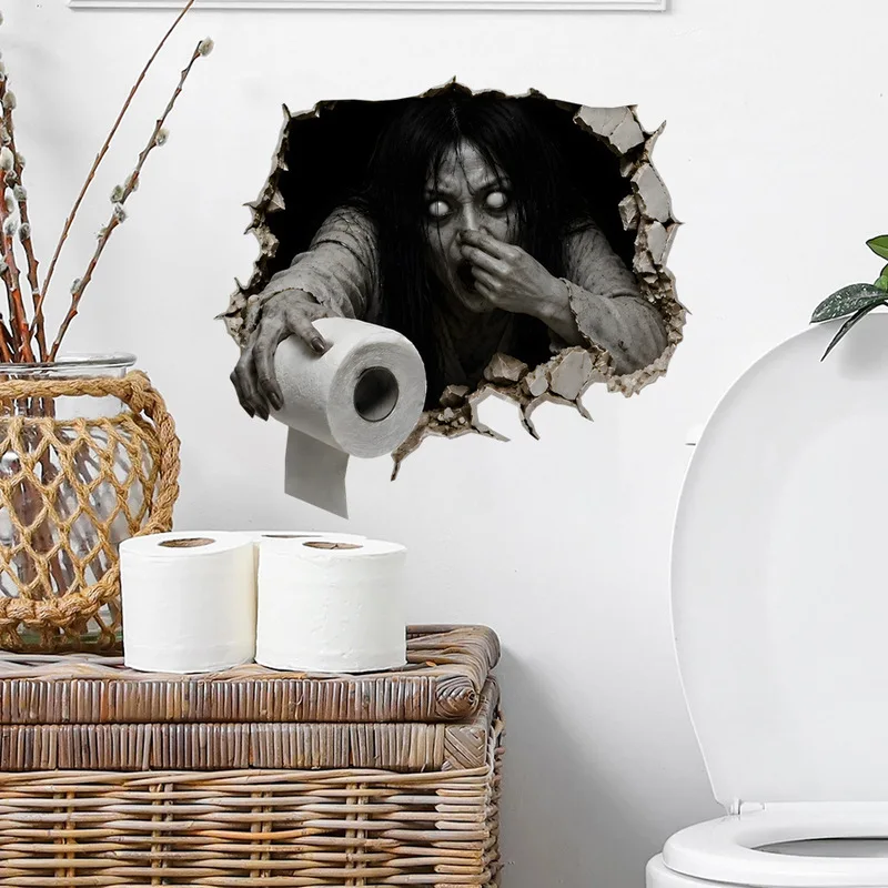 Haunted House Ghost Wall Stickers, Broken Wall Effect Self-Adhesive Decals, Scary Creepy Halloween Decorations for Bathroom