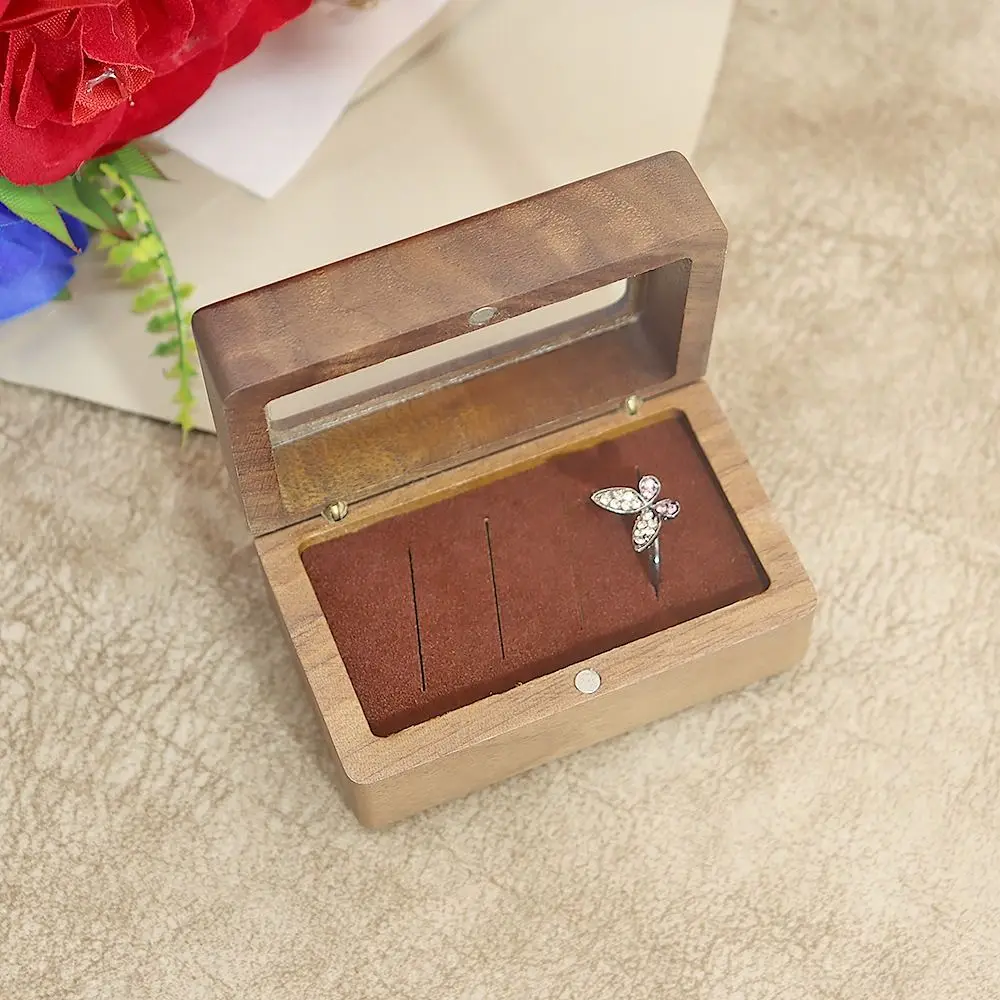 

4 Slots Square Rings Holder Magnetic Cover Opening Window Jewelry Ring Holder Rectangular Wooden Ring Box Rings Bearer Box