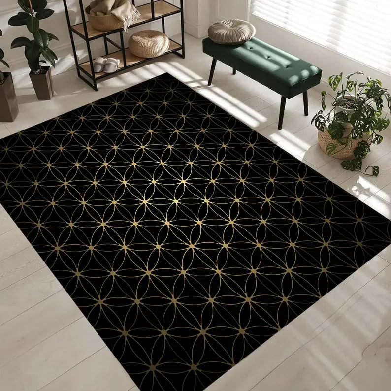 سجادة آرت ديكو باللون الأسود والذهبي على طراز هندسي جلام لتزيين غرفة المعيشة وغرفة النوم