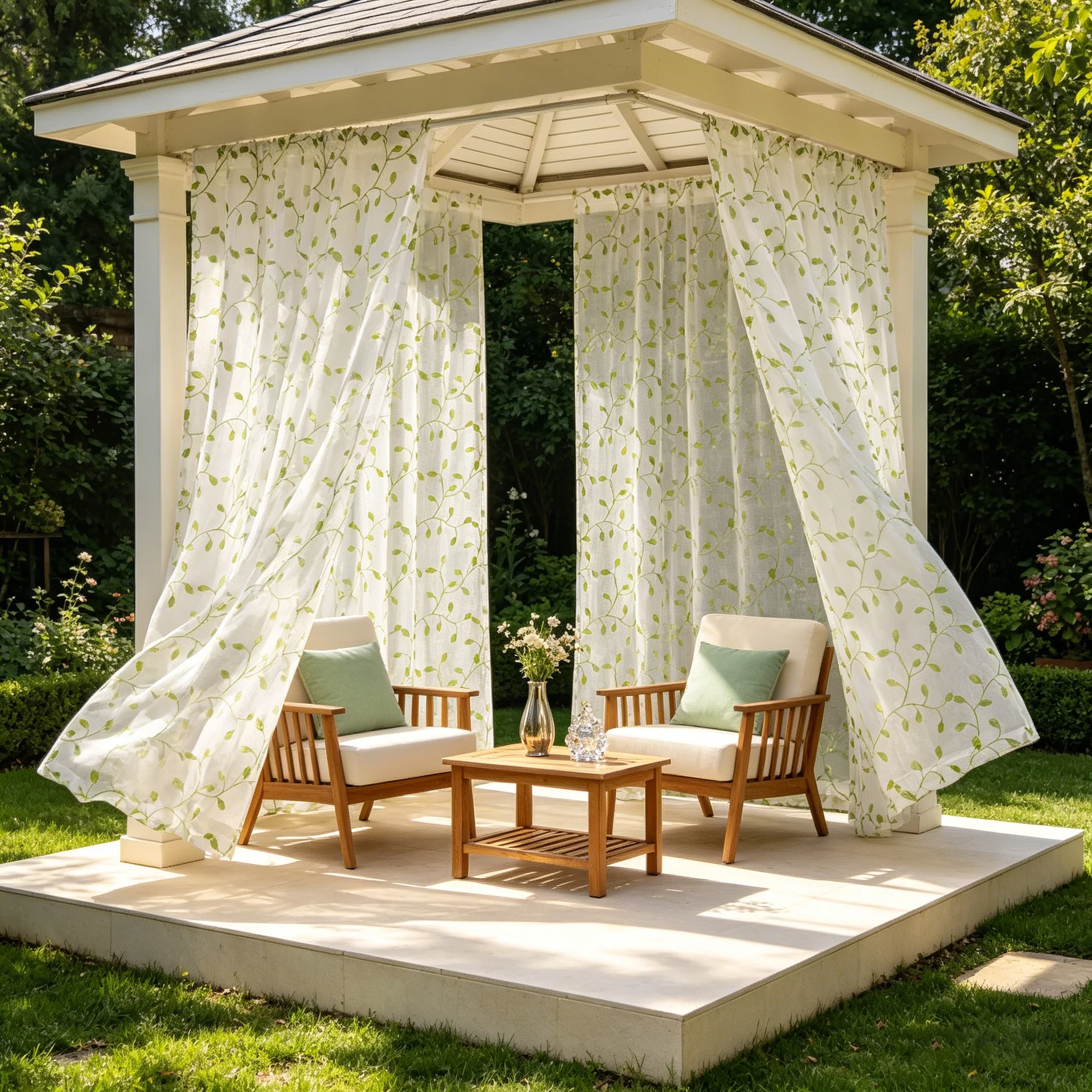 

2PCS American Country Green Leaves Embroidery Sheer Curtain for Outdoor Courtyard Hallway Balcony Decoration