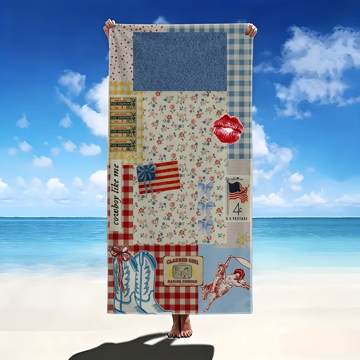Large Beach Towel 2D Flat Printed Retro Collage Design Microfiber Sand Resistant Quick Drying Soft Towel For Outdoor Camping