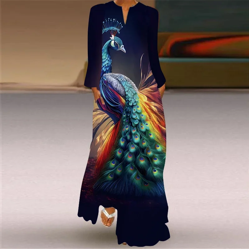 Ladies Spring Summer Long Dress Women Fashion Long Sleeve V-neck Elegant Dress Party Casual Peacock Printing Vintage Dress Robe