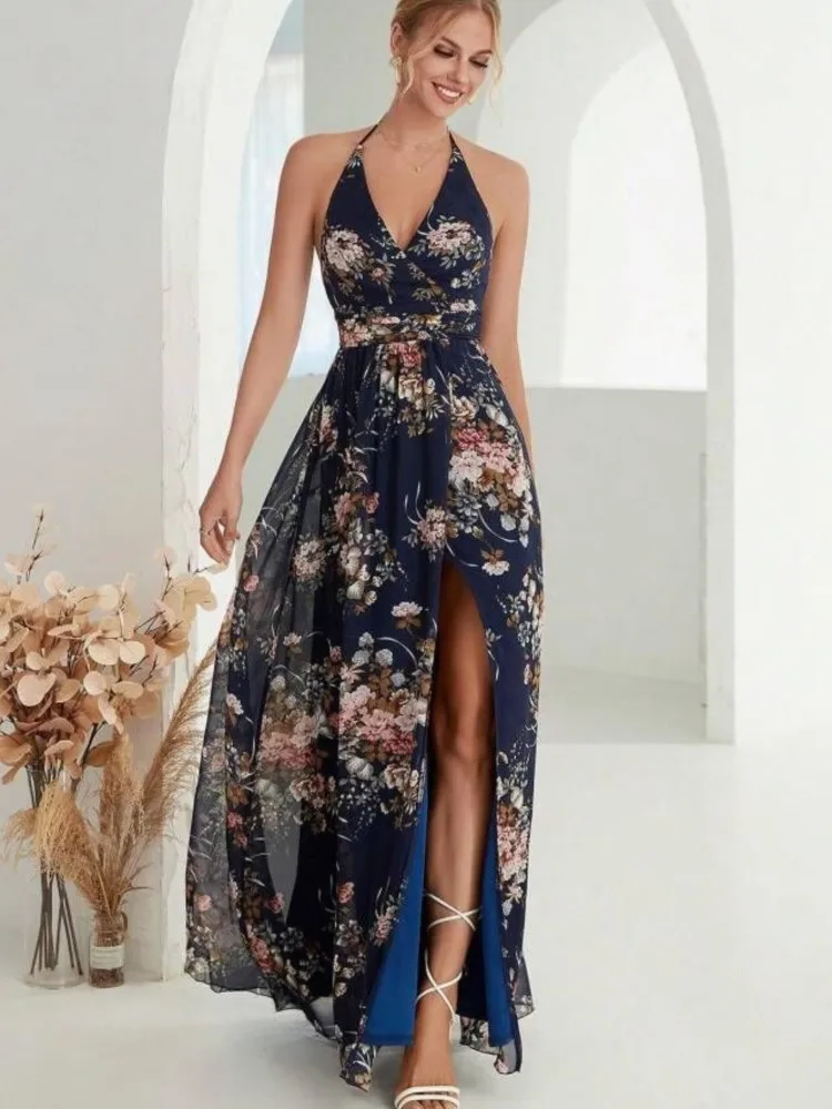 

Elegant Flower Print Chiffon Dress Ladies Sexy Halter V-neck Backless Long Dresses For Women Summer Fashion Party Dress Robe