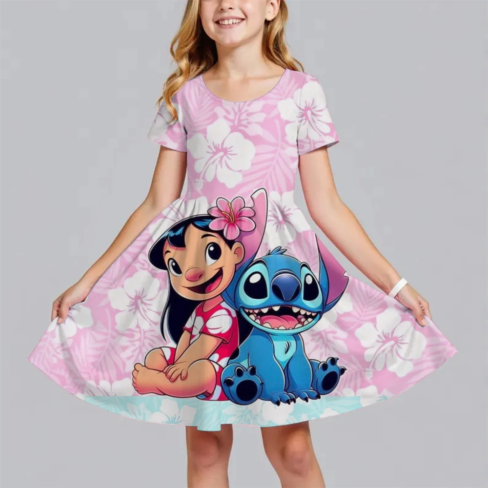 

Girls' Summer Stitch Dress, Children's Short Sleeved Princess Dress, Cartoon Round Neck Skirt