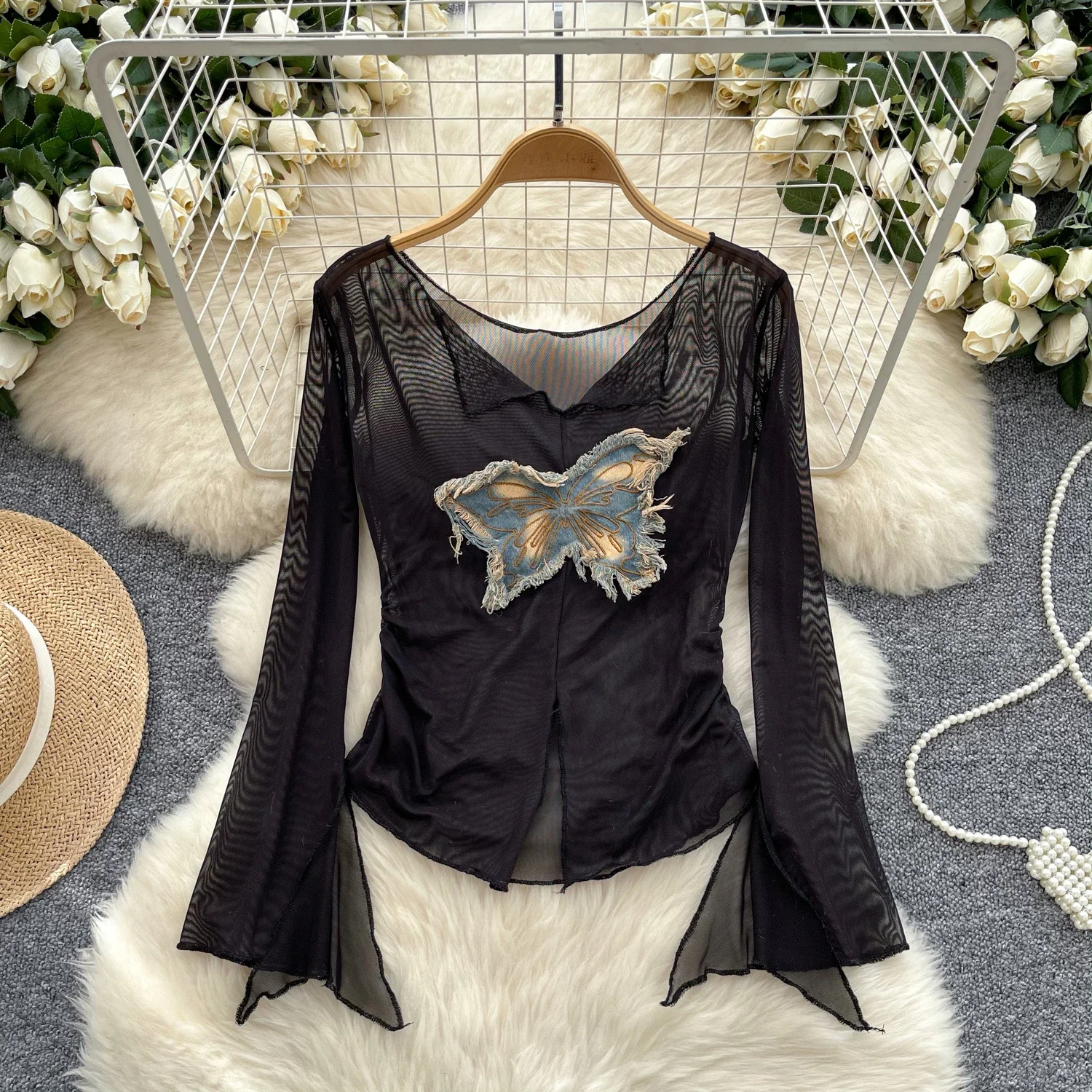 Vintage Mesh Sexy Long Sleeve Distressed Casual Butterfly Basics Embroidered Slim Korean Fashion High Street Autumn Women Blouse