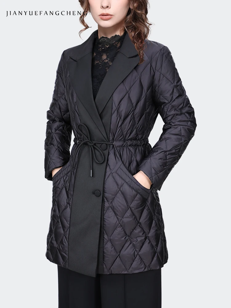 Fashion Lapel Collar Women' Black Long Quilted Down Jacket For Winter Warm Lightweight White Duck Down Padded Puffer Coat Parkas