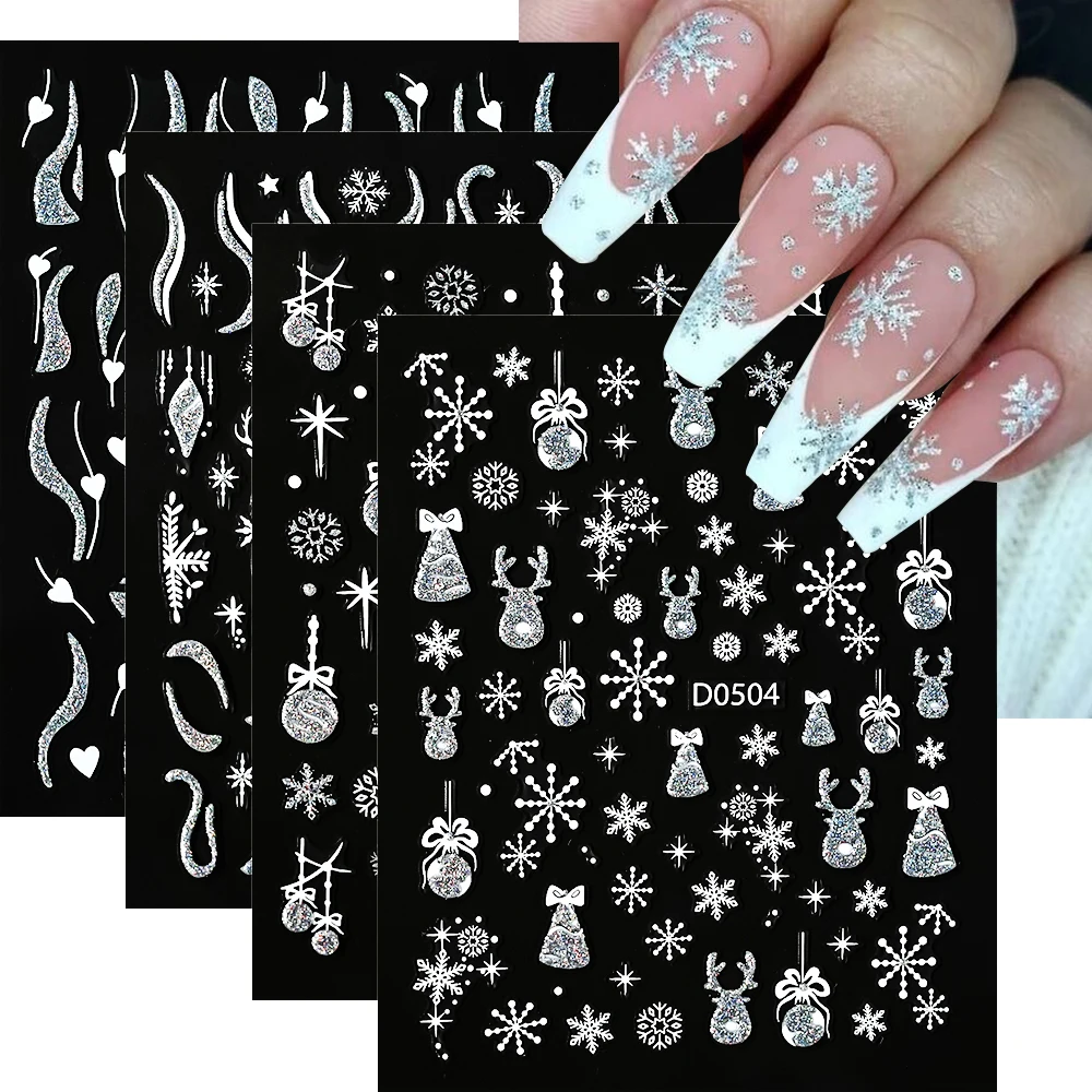 1pc Sparkling Christmas Nail Art Stickers Silver Foil Embossed Self-Adhesive Nail Decal with Snowflakes Crystal Ball for Festive