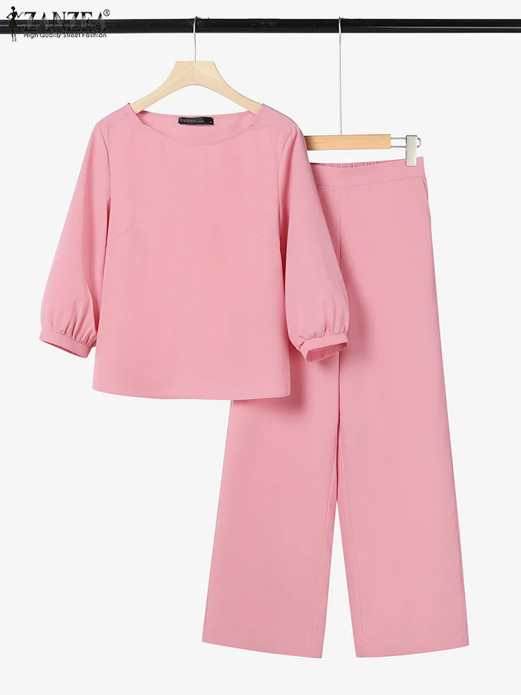 

ZANZEA Summer Simple 2 Piece Sets Casual Wide Leg Pants 3/4 Lantern Sleeve Blouses Womens 2PCS Outfits Commute Solid Pant Sets