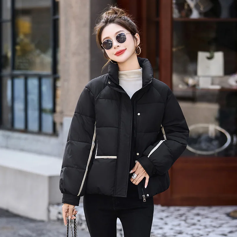 Winter Stand Collar Parka Jacket Women Korean Mix Color Thicken Warm Cotton Jacket for Woman Zip Up Long Sleeve Parkas Female