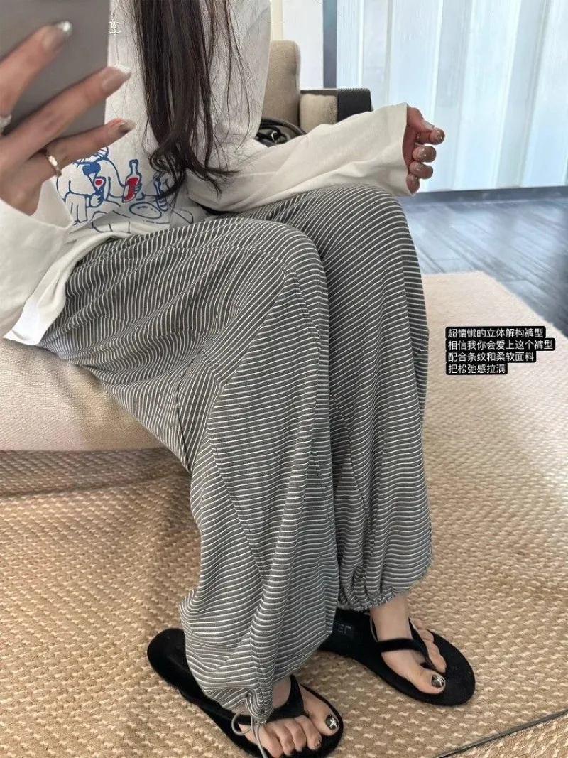 

Fashion Striped Sports Pants for Women's Summer New Style Drawstring Slimming and Floor Hugging Wide Leg Pants Female Clothing