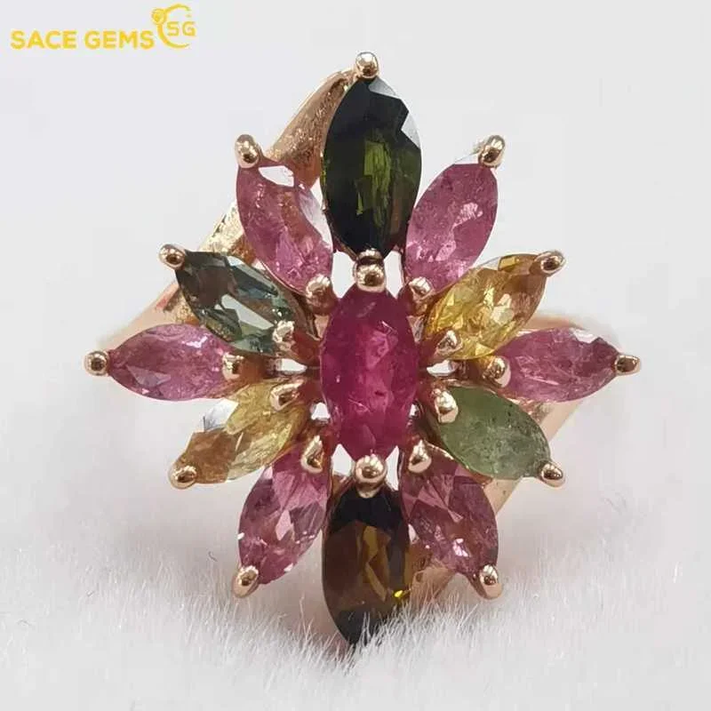 SACE GEMS Fashion Resizable Polychrome Tourmaline Rings for Women 925Sterling Silver Wedding Party Fine Jewelry Festival Gift