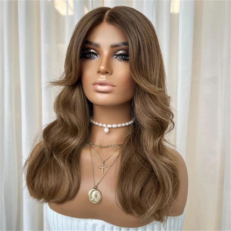 Small/Large Size Cap New In Wave Bob 13x4 Middle Part Ombre Brown Highlights Synthetic HD Lace Front Wig Blend Human Hair 16''