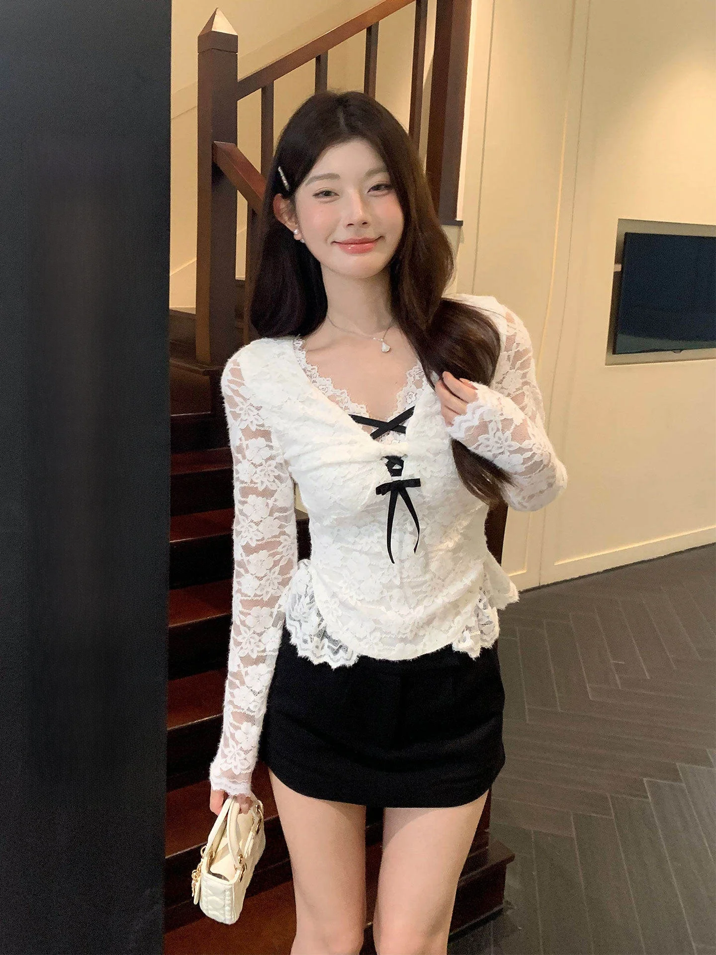 

Pure Desire Style Women's Long Sleeve Lace Top Knot Tie Bottom Shirt V-Neck French Style Slim Fit Nylon Fabric