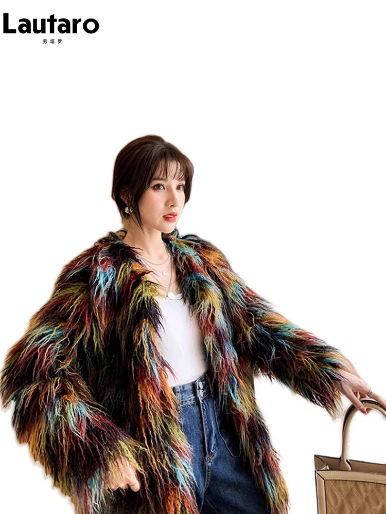 Lautaro Autumn Winter Colorful Soft Thick Warm Hairy Shaggy Faux Fur Coat Women Long Sleeve O Neck Luxury Fluffy Jacket 2023