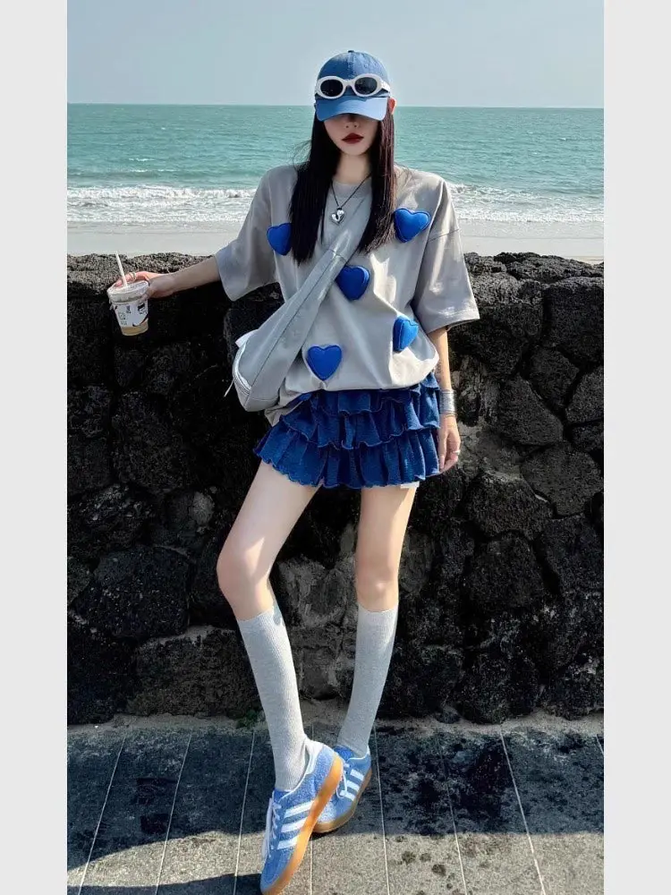 

Summer Dopamine Blue Three Dimensional Heart Short Sleeve T-shirt Pleated Short Skirt Korean Style Unique Two Piece Set
