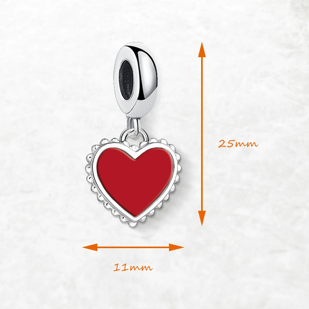 Red Heart Dangle Charm Pendant Women 925 Sterling Silver Love Romantic Gift Fine Jewelry