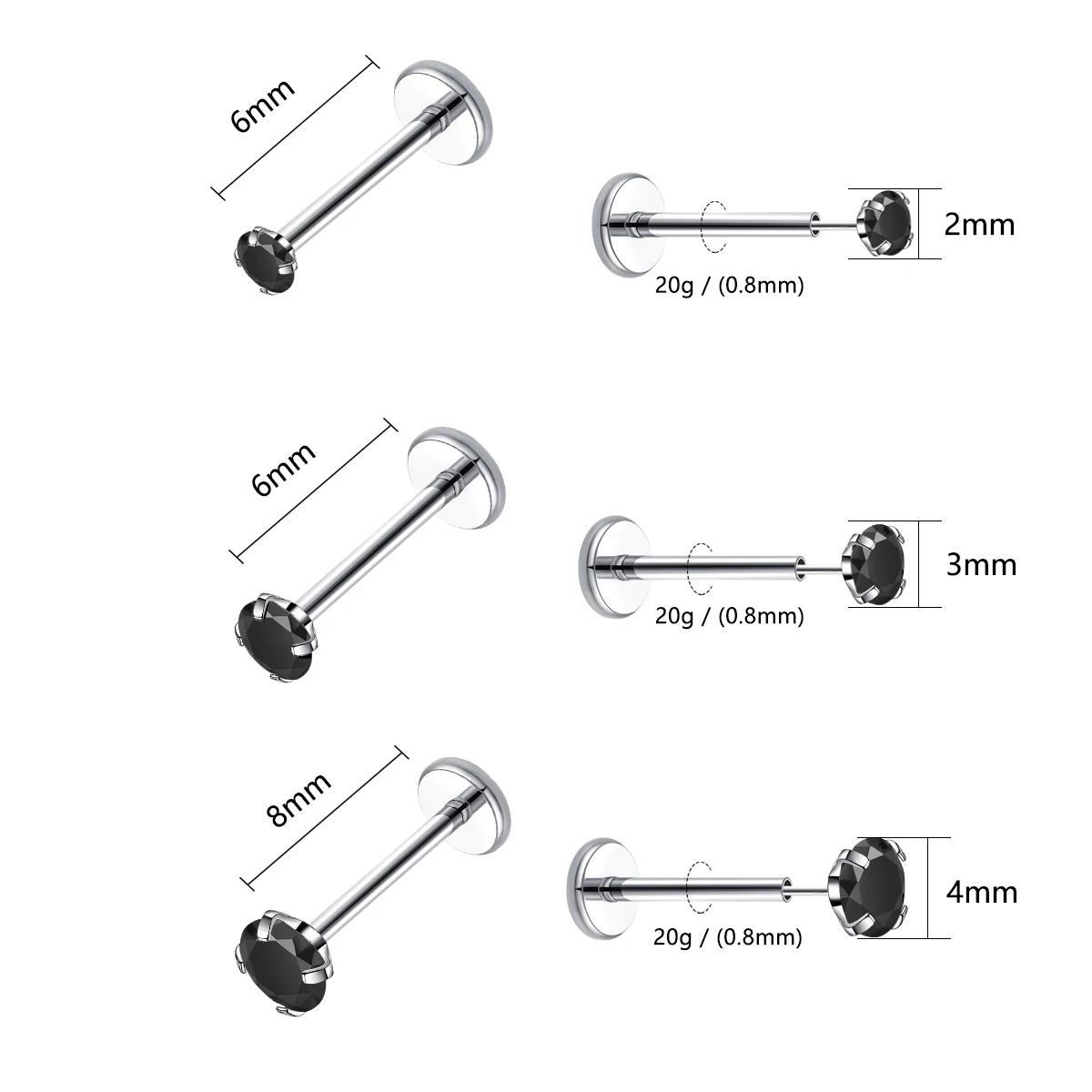 20G Flact Back Earrings Stud Hypoallergenic Stainless Steel Threadless Tragus Cartilage Helix Lip Medusa Piercing Jewelry