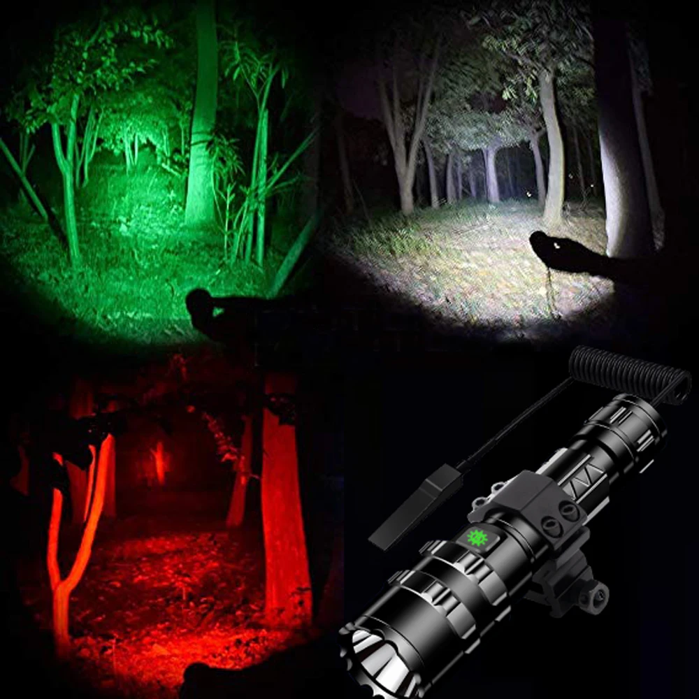 8000LM LED Scout Flashlight Red/Green/White Light Hunting Torch L2 USB Rechargeable Tactical 18650 Torch IPX6 Waterproof Lantern