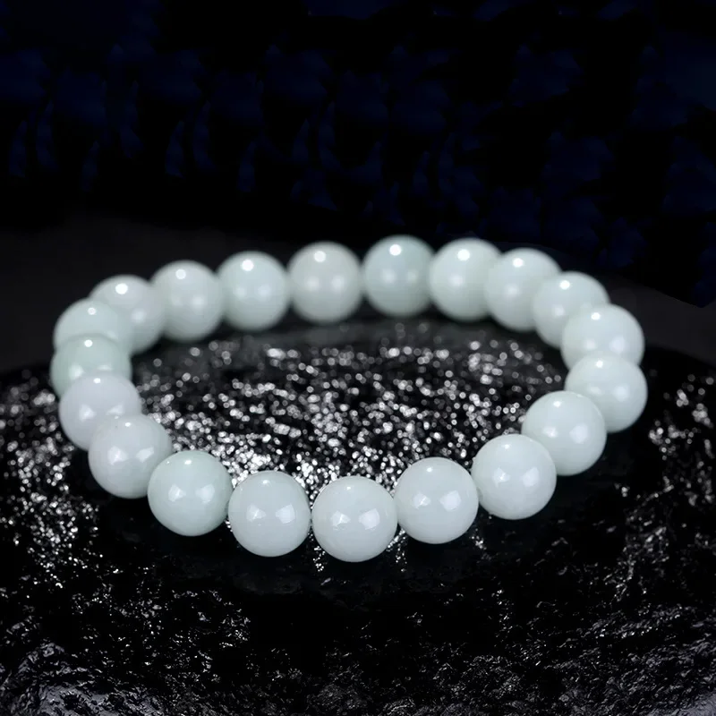 

Natural Myanmar A-grade Jade Green White Hand String Round Beaded Bracelet Summer Cool Jewelry Fine Gift for Men Women Couples