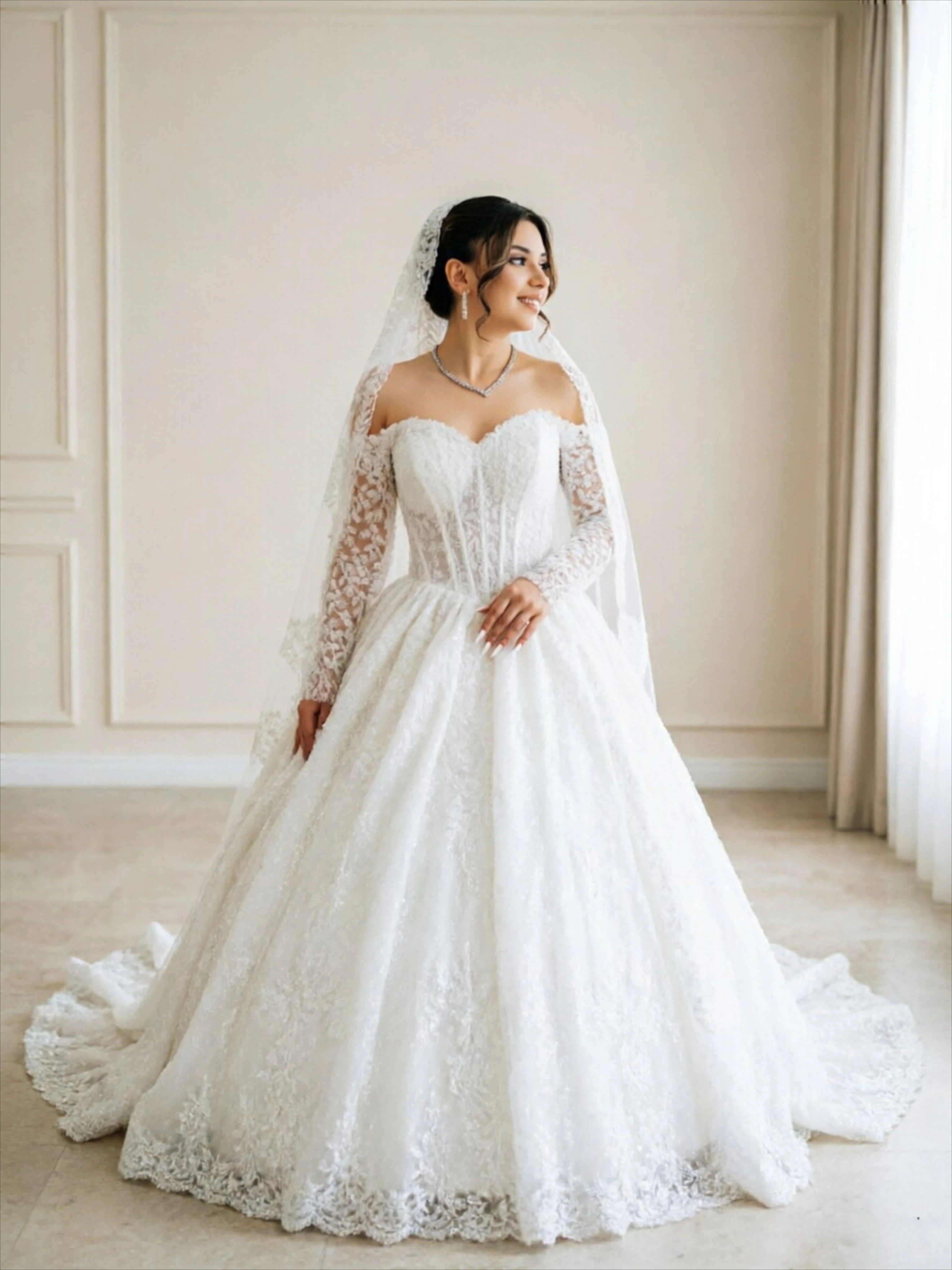 

Customized Sexy Off Shoulder Long Sleeve Ball Gown Wedding Dress Sparkling Chic Modern Beaded Bridal Gown Vestidos De Novia