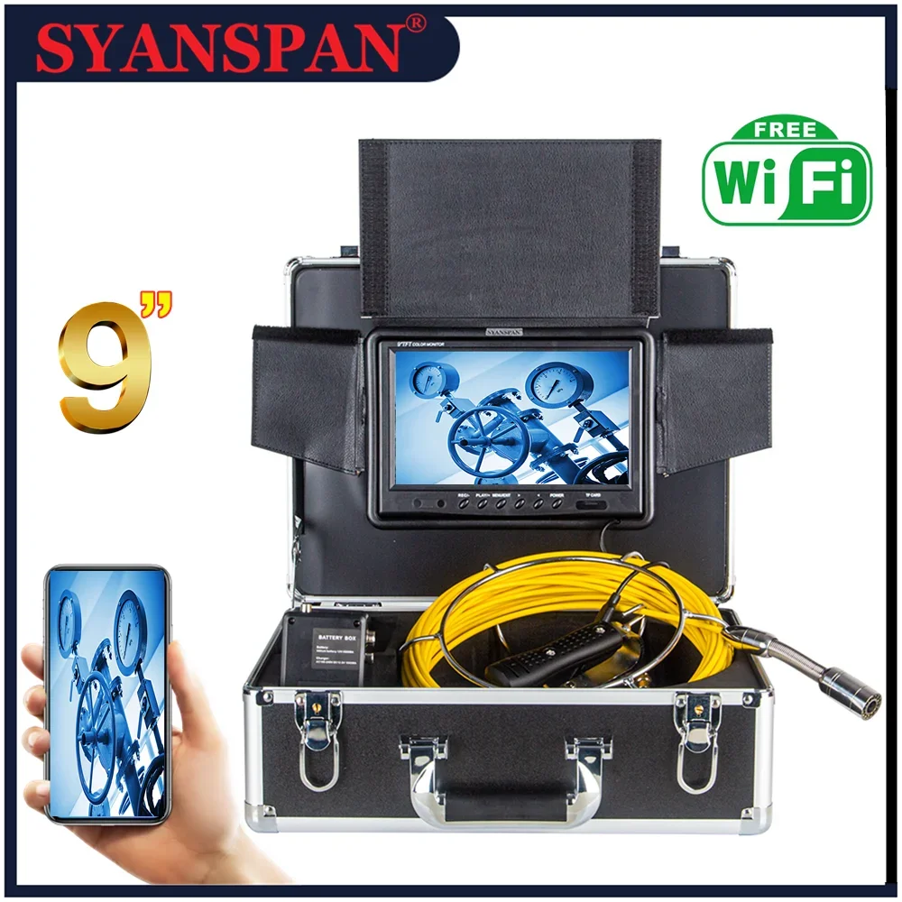 Caméra d'Inspection de Tuyaux avec Écran d'Affichage de 9 Pouces, Endoscope Industriel avec WIFI, Enregistrement DVR, Pipeline d'Égout IP68 et de Proximité de 23mm