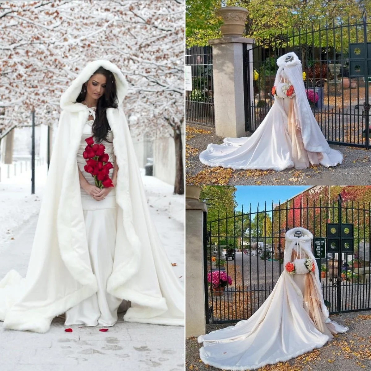 Hooded Wedding Cloak Fur Warm Cape Christmas Halloween Lace Up Draped Winter Bridal Long Jacket  Costume Cosplay Customized