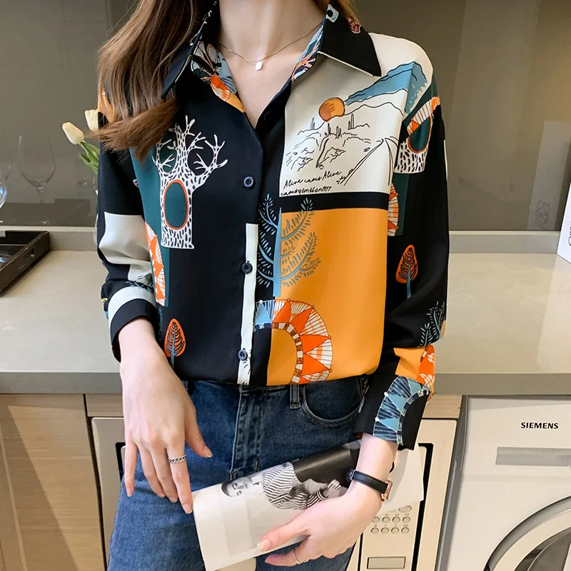 Women Korean Fashion Loose Printing Chiffon Polo-Neck Long Sleeve Shirts Ladies Casual All-match Appear Thin Office Lady Tops