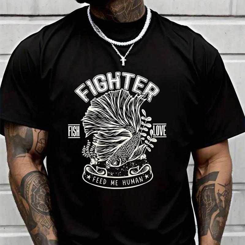 

Fish Love Feed Me Human Men's Fashion T-shirt Casual Trendy Tshirts For Summer Short Sleeve Comfortable Tops