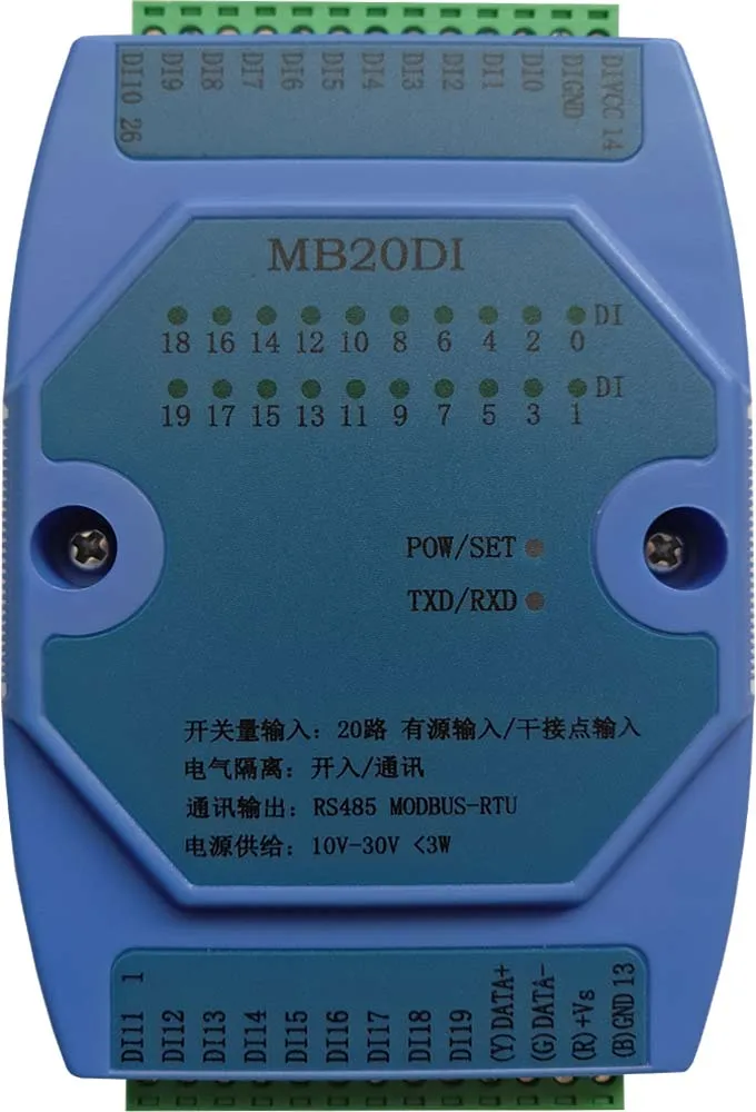 Entrada de interruptor Digital MB20DI, módulo de adquisición de aislamiento abierto de 11 canales y 20 canales, Comunicación RS485 MODBUS RTU