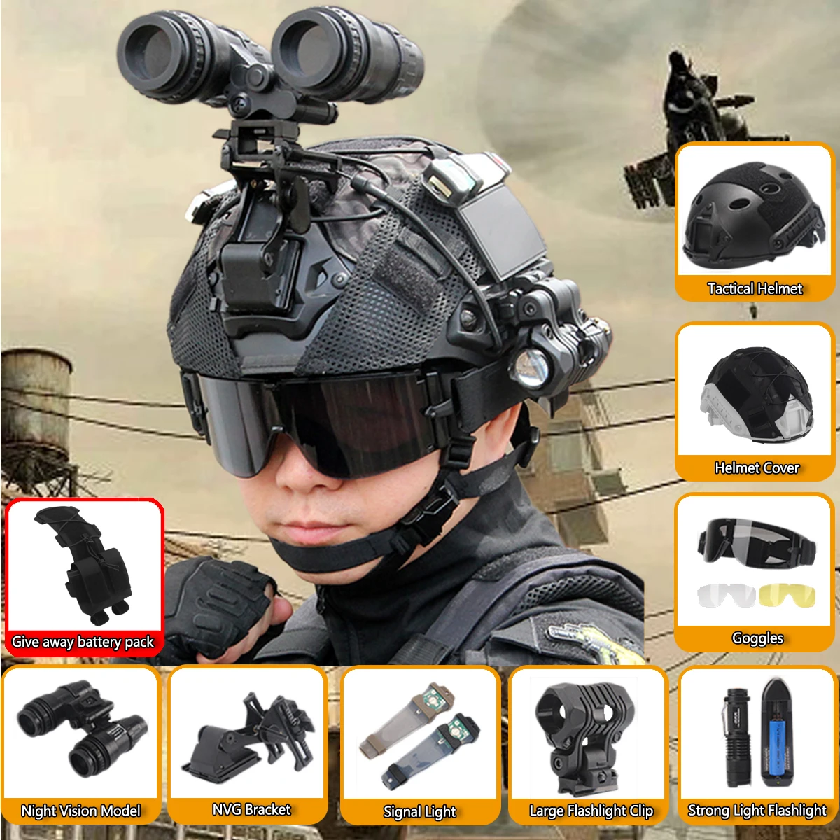 

FAST Tactical Helmet Set with Night Vision Model & Goggles & Flashlight &free Battery Pack for Airgun Paintball Shooting Hunting