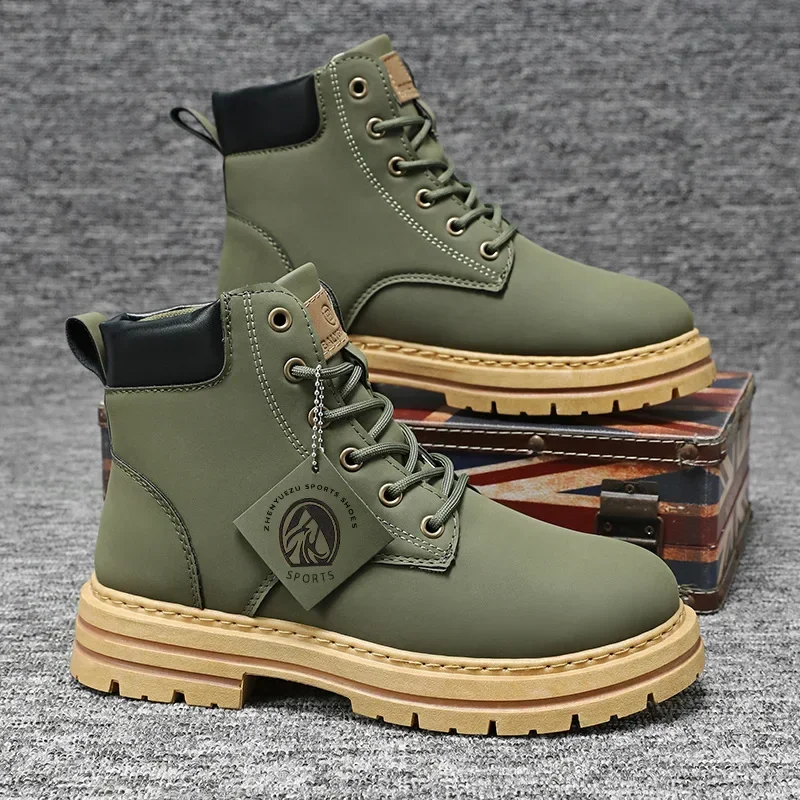 High Top Boots Men\'s Leather Shoes Fashion Outdoor Ankle Boots for Men Lace-Up Comfortable Male Boots Non Slip Flat Boot Botas